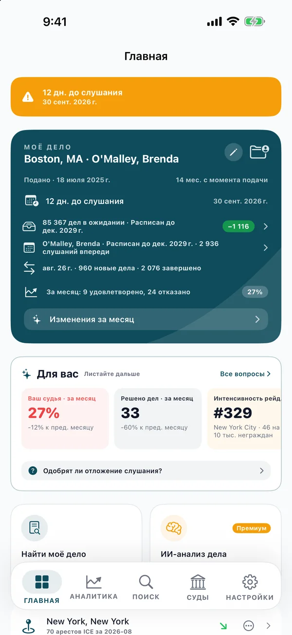 Карточка «Моё дело»: отсчёт до слушания, очередь дел в суде и решения за прошлый месяц